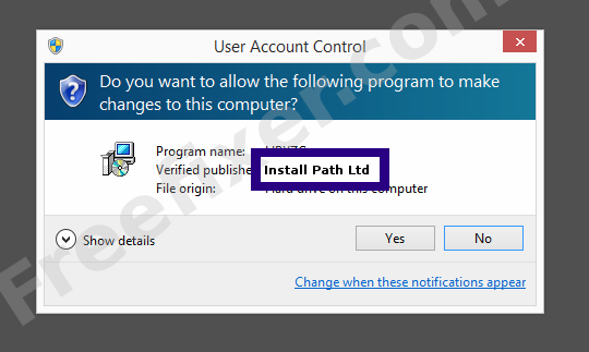 Screenshot where Install Path Ltd appears as the verified publisher in the UAC dialog